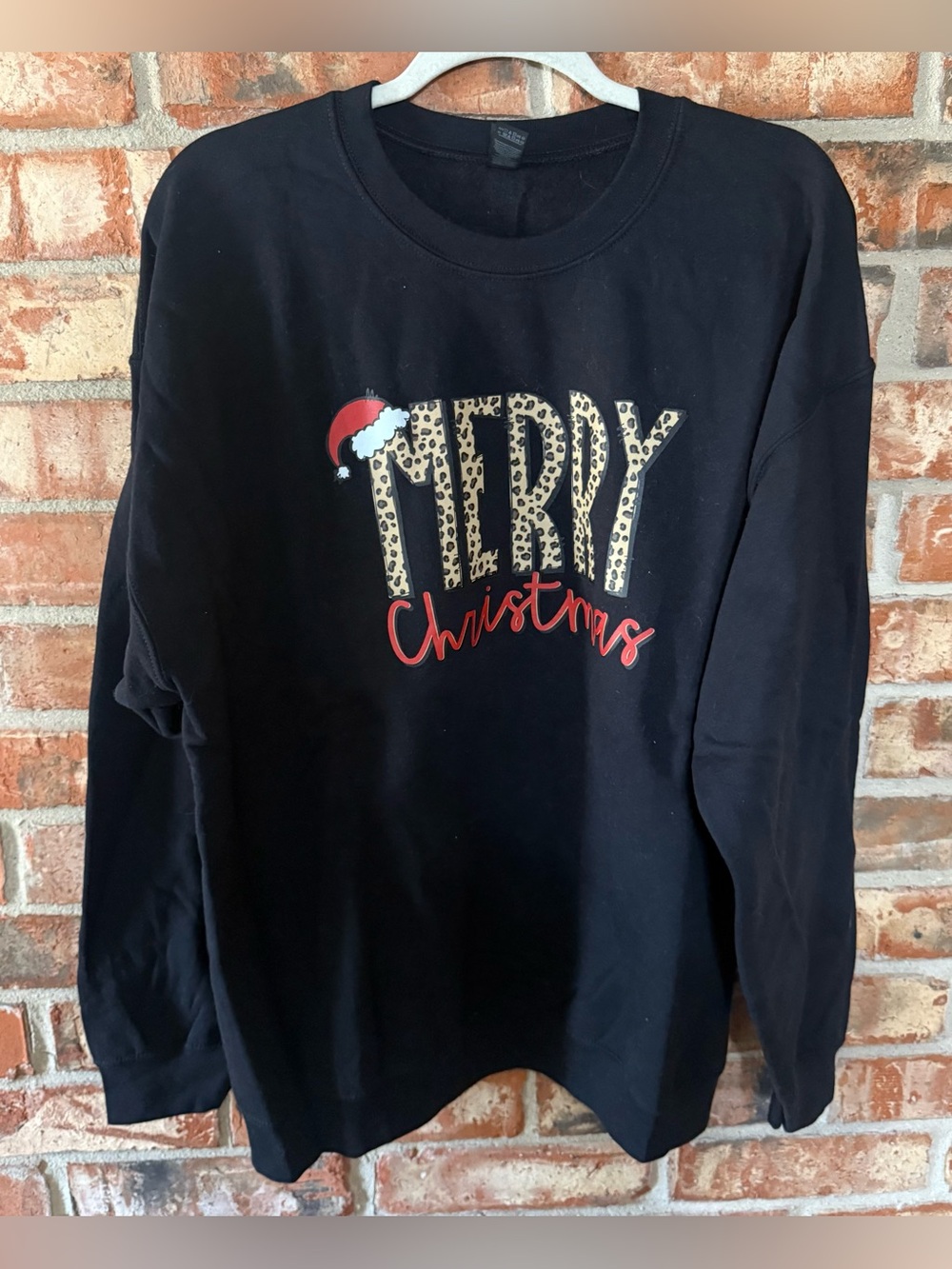 Gildan Black Sweatshirt with Leopard 'MERRY' and Red Script Christmas